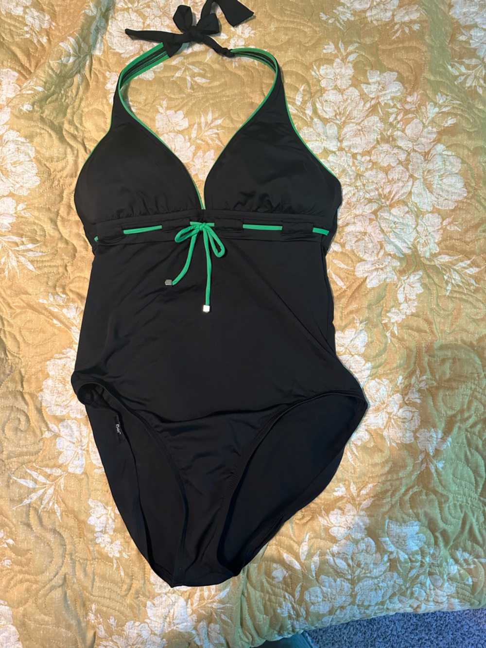 Women's Jag. Black One-Piece Halter Swimsuit with Green Trim